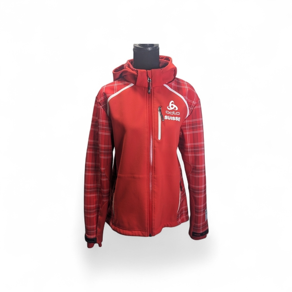 Odlo Women's Red Soft Shell Jacket With Plaid Sleeves Size L Flaw